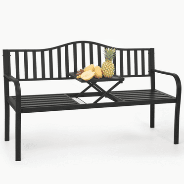 Naipo Outdoor Metal Garden Bench 59" Patio Bench with Built in Table Park Bench, Outside Bench Weather Proof Front Porch Bench, 500lbs