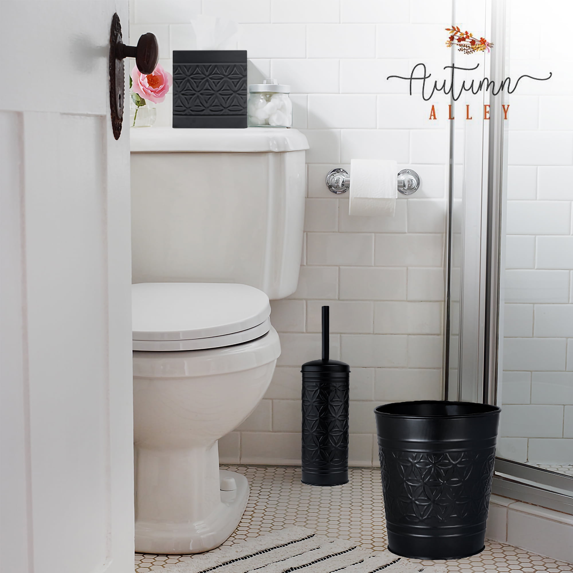 Autumn Alley Black Trash Can for Bathroom, Round Open-Top Bathroom Trash Basket Black Stylish and Durable Black Waste Basket for Home or Office Cute Decorative Decor, Durable, Black
