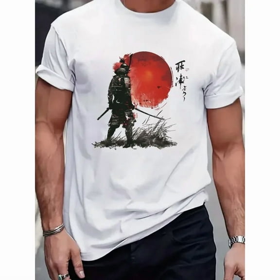 100% cotton tshirts men tee Men's Samurai Art Graphic T-Shirt - White Cotton Short Sleeve with Red Sun & Japanese Warrior Print, Casual Summer Tee for Adults, Anime Clothes