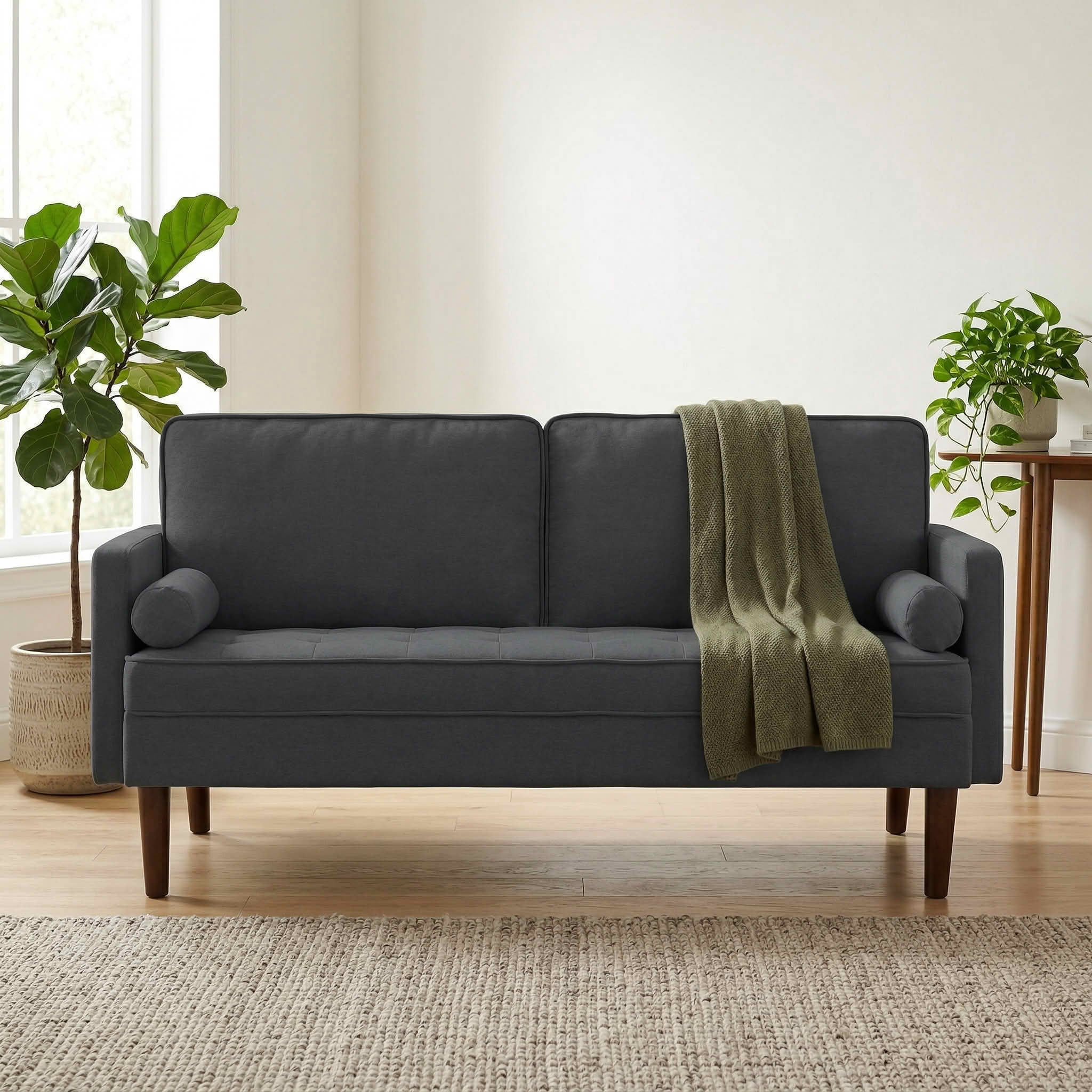 MAYEERTY 65" Modern Loveseat Sofa, 2-Seater Couch with Removable Back Cushion, Solid Wood Frame & 2 Bolster Pillows
