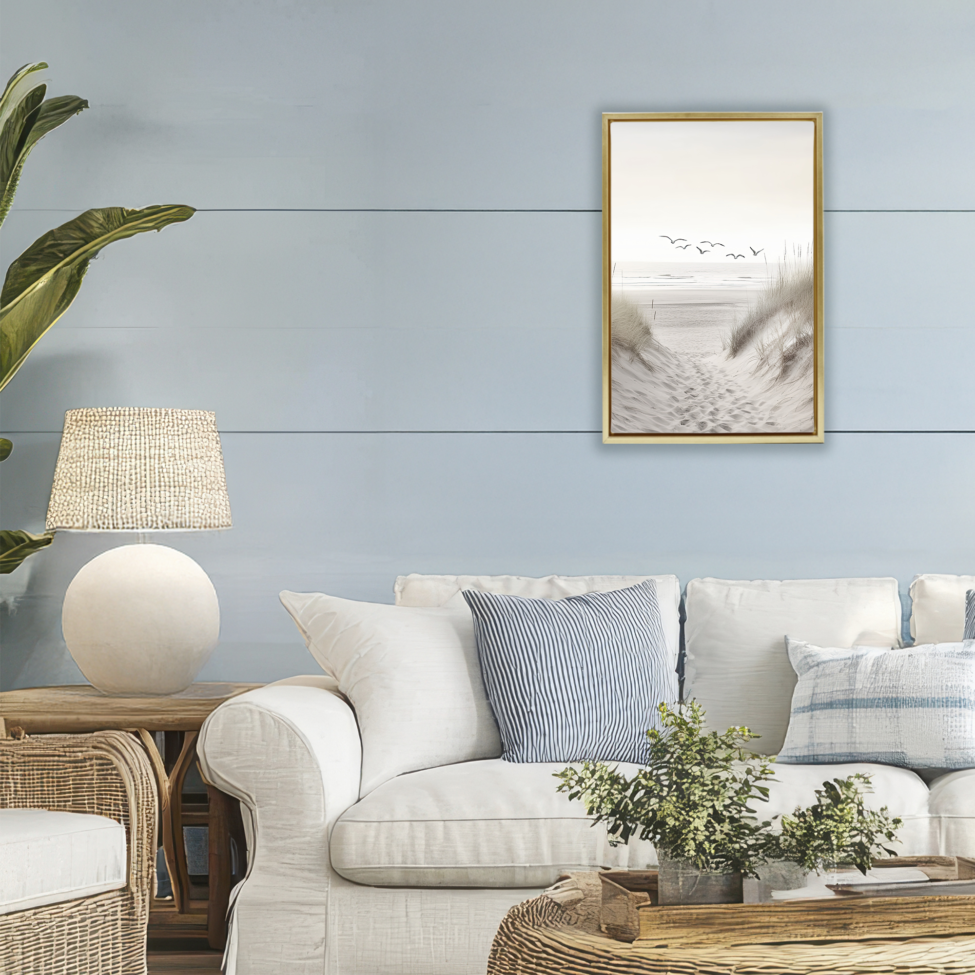 Seagulls over Sandy Footprints Gold Framed Floater Canvas Wall Art, design by Decent Exposures
