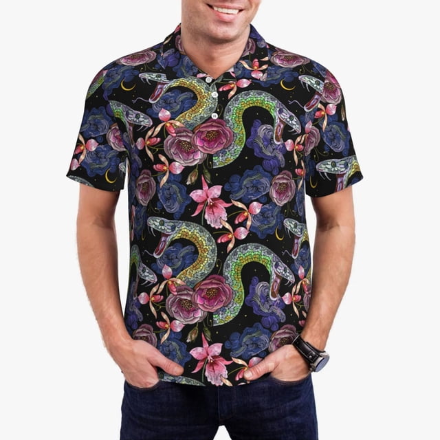 Fotbe Snake And Flower Pattern Men’s Golf Polo Shirt – Breathable Performance Golf Shirt with Button-Down Collar-XX-Large