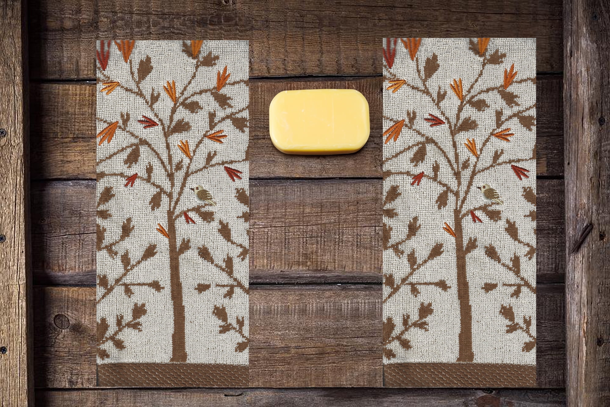 Fall Bath Hand Towels, Set of 2 Beige, Brown Tree and Leaves Celebrate