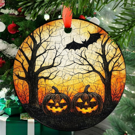 Halloween Pumpkin Glass Suncatcher, Glass Hanging with Jack-o-Lanterns, Bat and Spooky Trees for Fall Decor, Haunted Home or Witchy Gifts, Ornament 2025, Holiday 2025, Seasonal