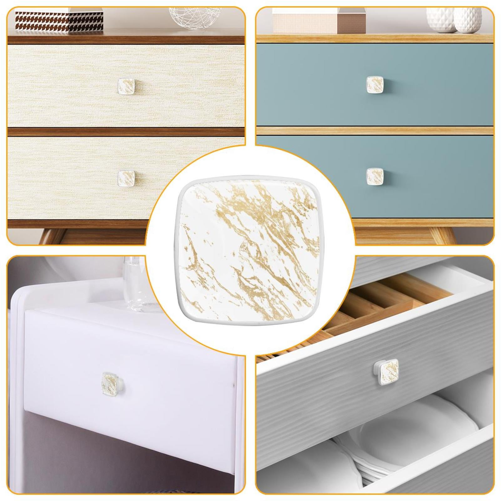 HemaKayy 4 Pack 1.2" Decorative Cabinet Knobs - Elegant, ABS Glass Square White Handles for Kitchen, Bedroom, Bathroom, and Home Furniture Decor - Unique Marble Texture