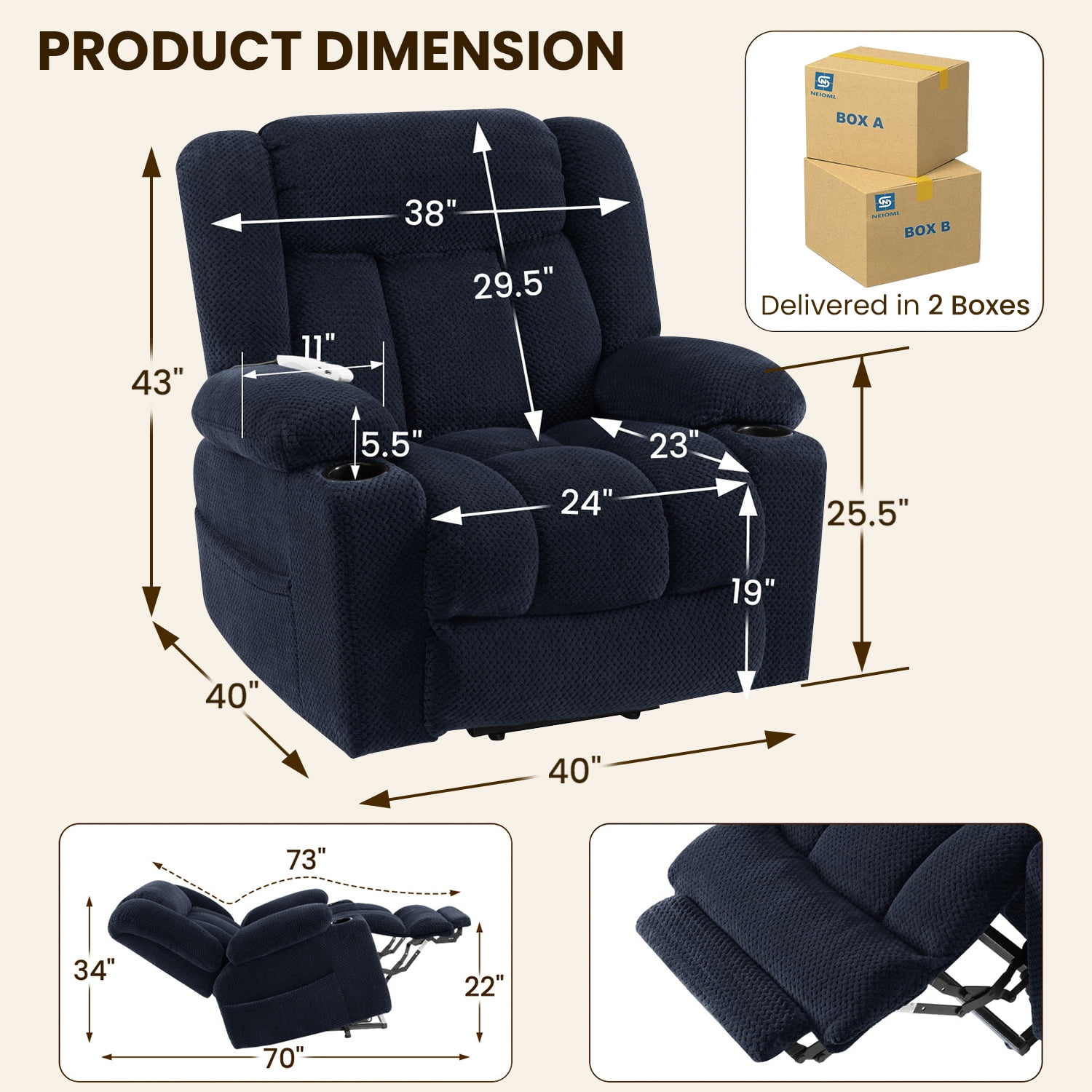 Power Lift Recliner Chair for Elderly with Heating & Vibration Massage, Large Wide Heavy Duty Extended Footrest for Big & Tall, 2 Cup Holders & Side Pockets Plush Flannel