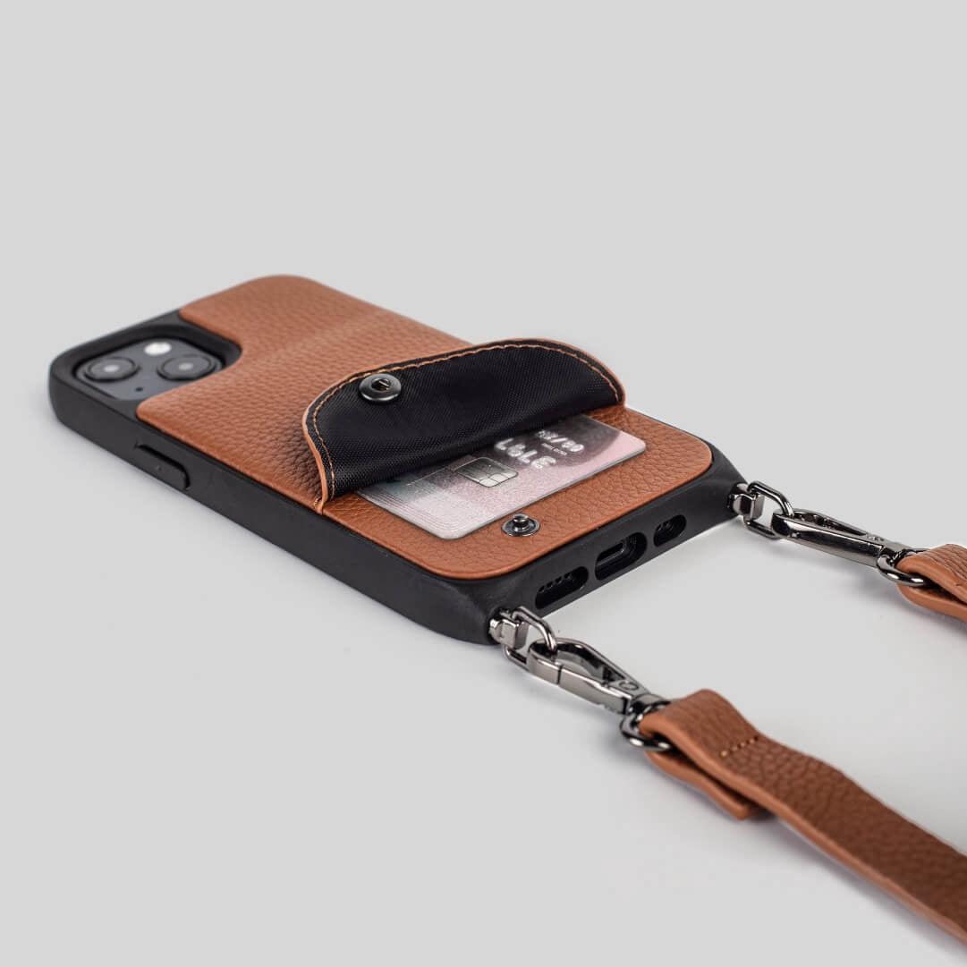 Noemie Napa Crossbody Strap and Wallet Phone Case for iPhone 13, Tan/Black