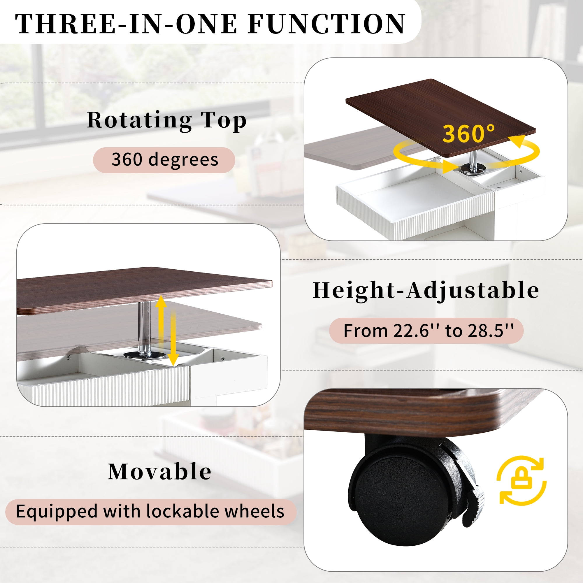 Euroco Modern Lift-Top Rotating End Table with Wood Grain Finish, Storage & Lockable Casters