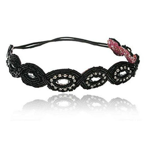 Beautiful Black with Diamond Accent Gatsby Flapper 1920's Rhinestone and Beaded Headband. Adjustable Band to Fit Any Head