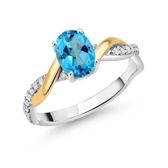 Gem Stone King 2 Tone 10K Yellow Gold and 925 Sterling Silver American Blue Mystic Topaz and White Lab Grown Diamond Twisted Interwoven Ring for Women (1.11 Cttw, Available in Size 5,6,7,8,9)