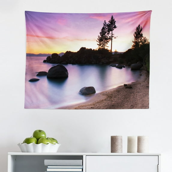 Landscape Tapestry, Frozen Winter Lake River in Woods Trees Under The Snow Nature Forest, Fabric Wall Hanging Decor for Bedroom Living Room Dorm, 2 Sizes, White Green, by Ambesonne