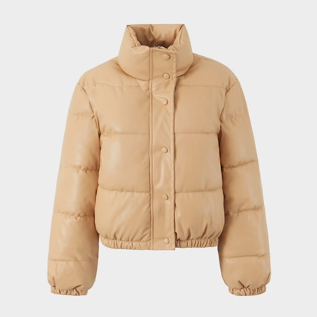 Chaqueta de algodón de cuero PU para mujer, chaqueta corta de cuello alto, cálida, de algodón, para motocicleta, para chica, informal