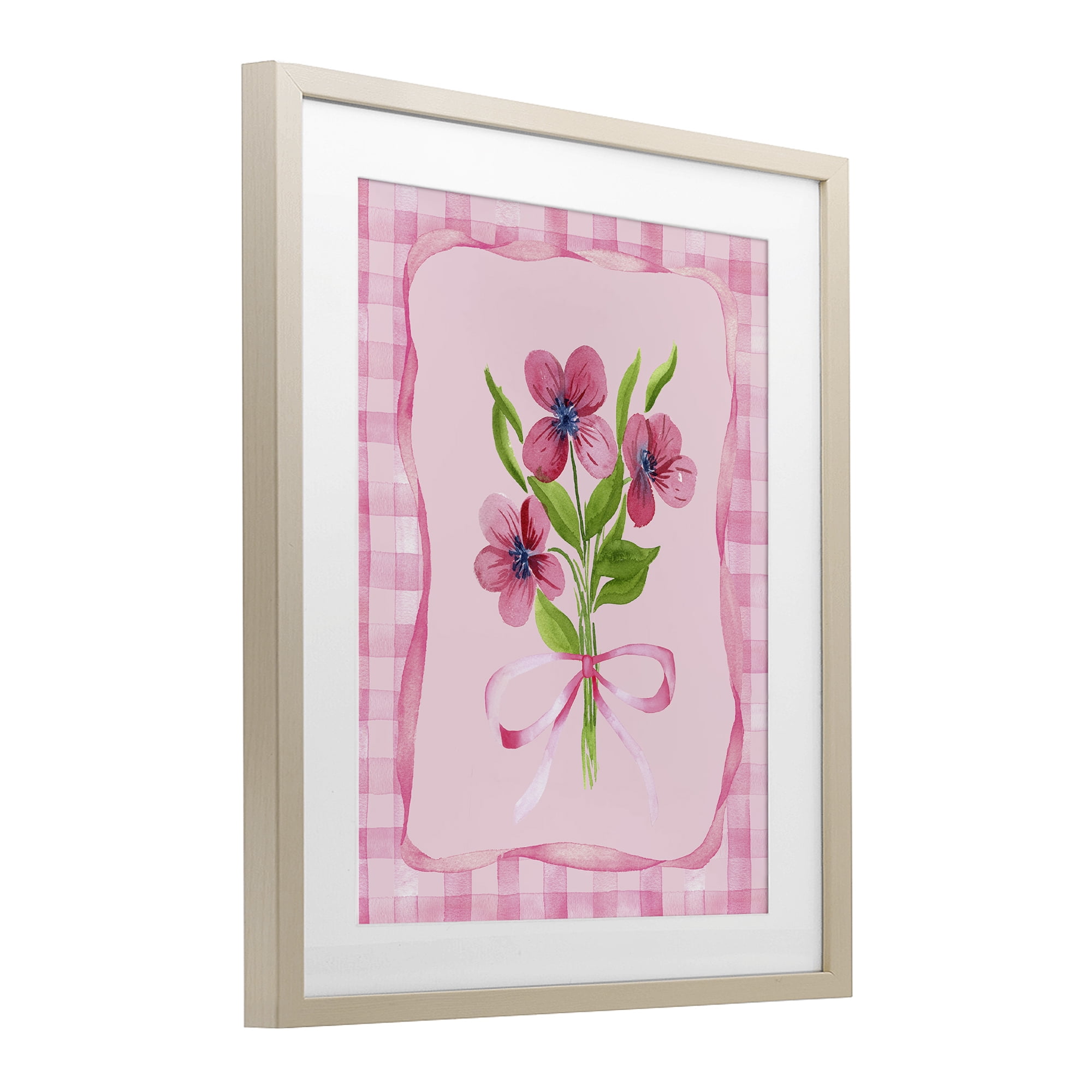 Pink Bordered Flower Bundle Birch Framed Print Under Glass, design by Nina Jacobs