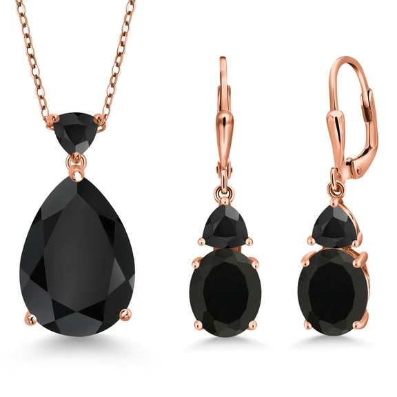 Gem Stone King 18K Rose Gold Plated Silver Black Onyx Pendant Earrings Jewelry Set for Women (15.99 Cttw, Pear Shape 18X13MM, Gemstone December Birthstone, with 18 inch Chain)