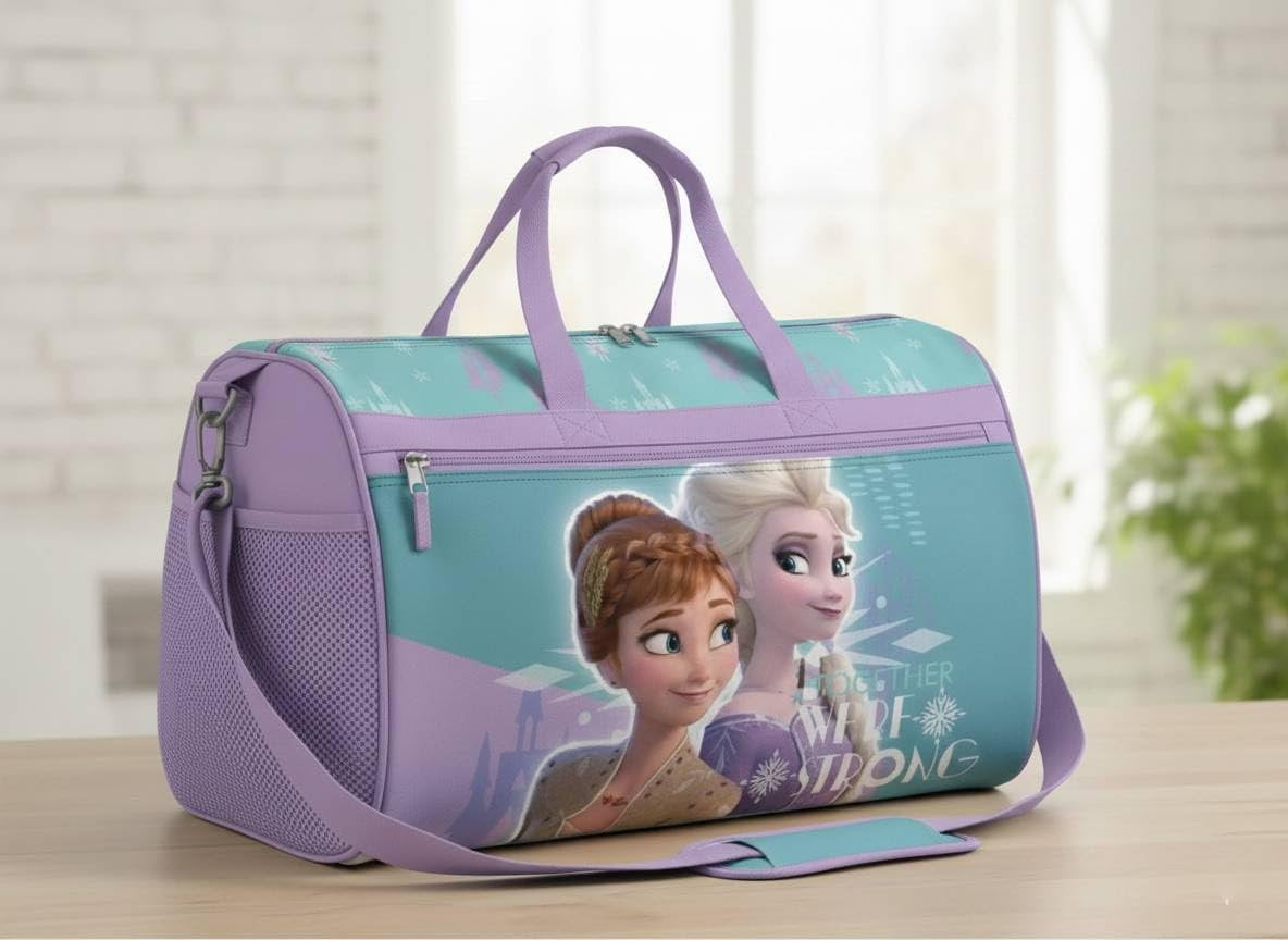 Disney Frozen Girls Duffle Bag  Elsa & Anna Travel Gym Bag with Adjustable Strap, Mesh Side Pockets & Zipper Pocket