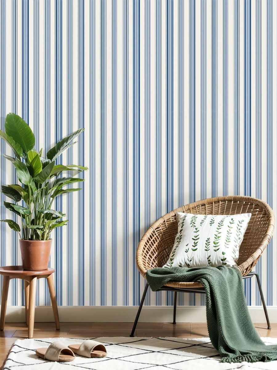 Peel and Stick Wallpaper Blue White Vertical Striped Minimalist Classic Wall Mural 17.7in x 9.8ft Self Adhesive Removable Wall Paper Renter Friendly Wallpaper for Bedroom Studio Lake House