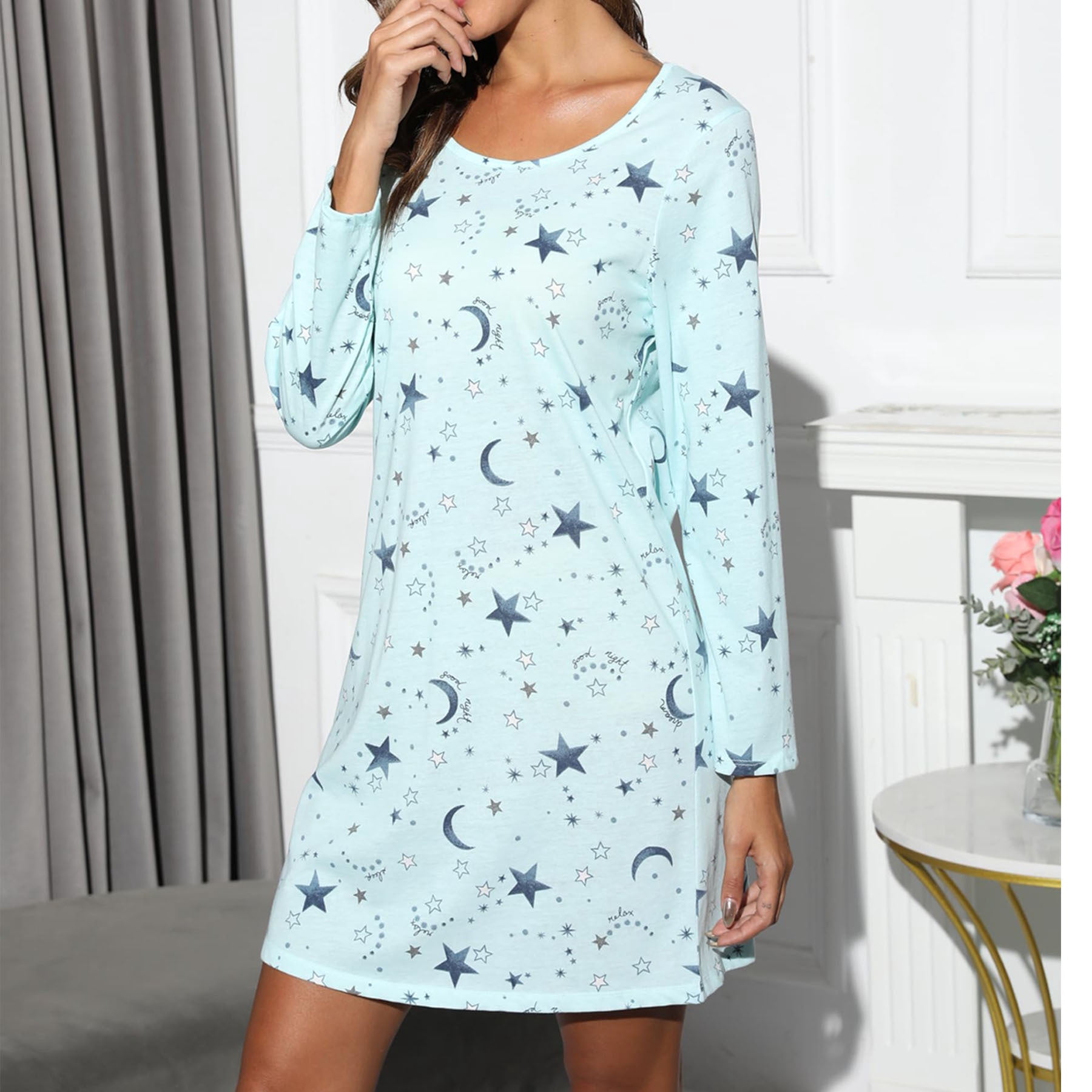 Womens Long Sleeve Nightgowns Cotton Nightgowns Sleep Shirt for Women Soft House Dresses Night Gown for Ladies