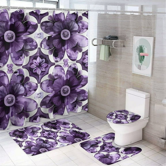 Purple Flower 4 Pcs Bathroom Shower Curtain Set, Bathroom Sets with Rugs (Bath Mat, U Shape and Toilet Lid Cover Mat) and 12 Hooks,