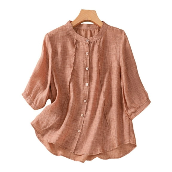 SNKSDGM Women's Plus Casual Easter Shirt Short Sleeve Shirts for Women V Neck Pack Ladies Summer Solid Linen Retro Loose fit Stand Half Sleeve Shirt Top Spring Tops for Women 2025 Dressy