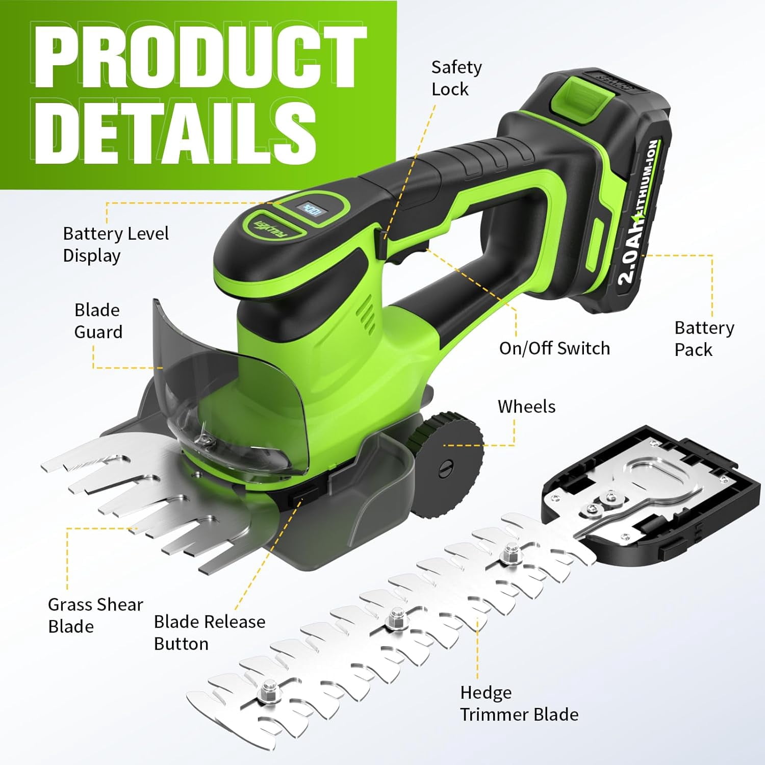 Cordless Hedge Trimmer 2-in-1 Electric Bush Trimmer & Grass Shear with 2 Batteries