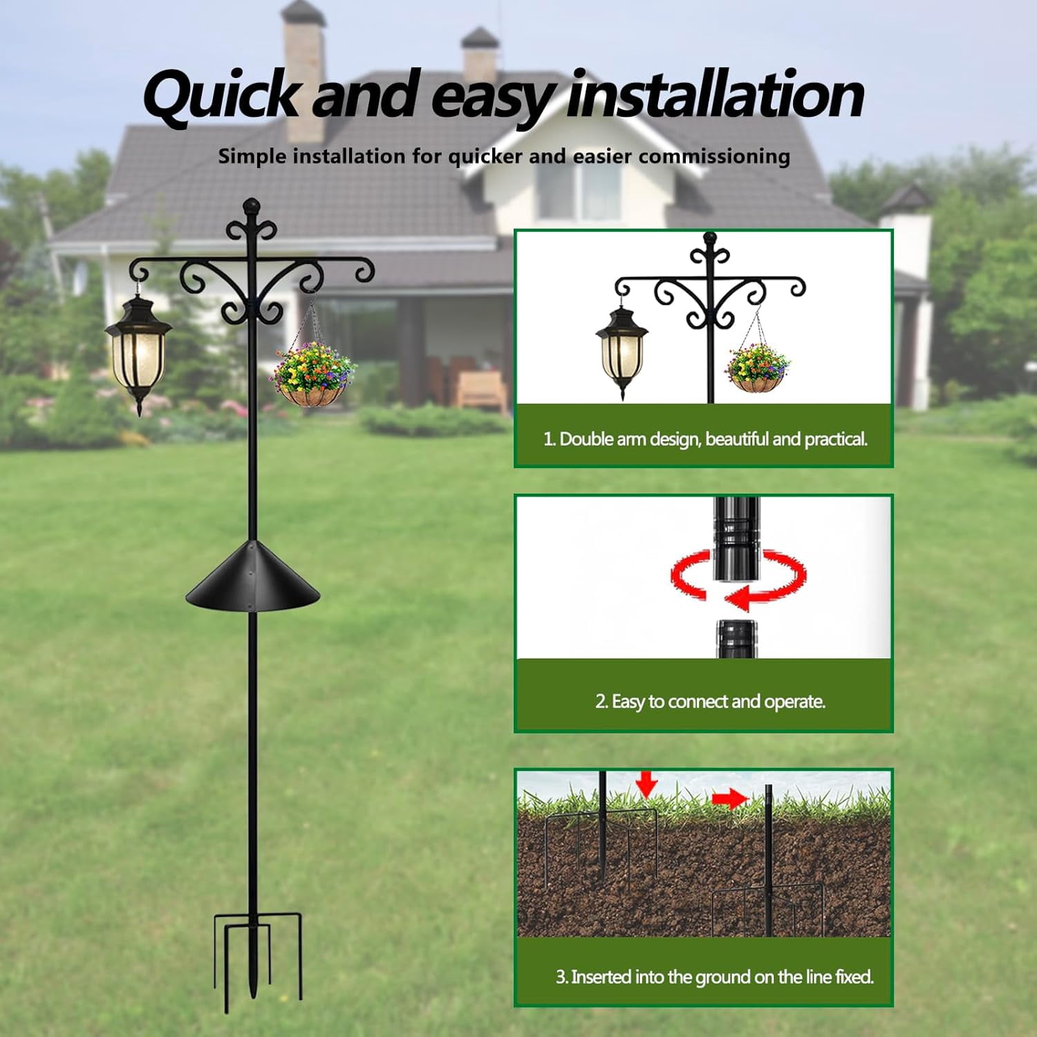 92Inch Shepherds Hooks for Outdoor with Squirrel Baffles – 6 Adjustable Hooks, 5 Prongs Base – Tall Bird Feeder Pole & Garden Stand for Hanging Plants, Lanterns, Hummingbird Feeders (black, 92inch)