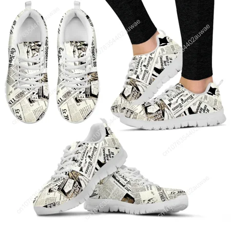 

Vintage Newspaper Printing Lace Up Casual Sneaker For Women Fashion Light Walk Flat Shoe Breathable Mesh Footwear
