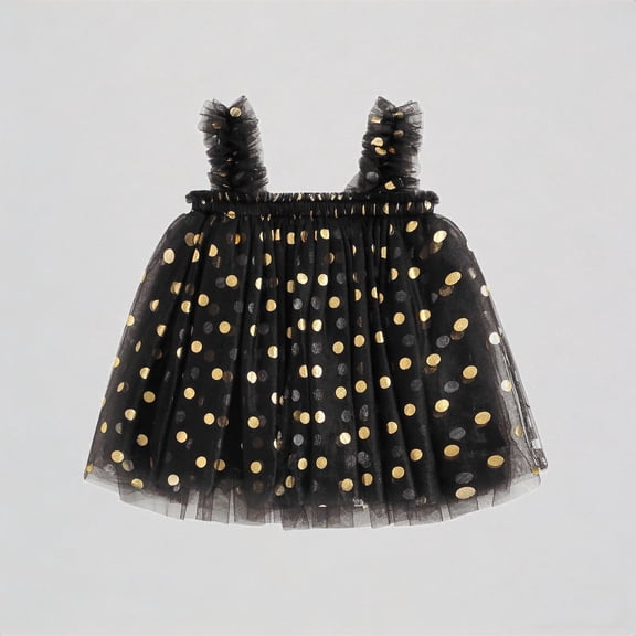 REDARER Girls Tulle Dress with Gold Polka Dots & Ruffled Straps Princess Party Holiday Outfit,3-4 Years