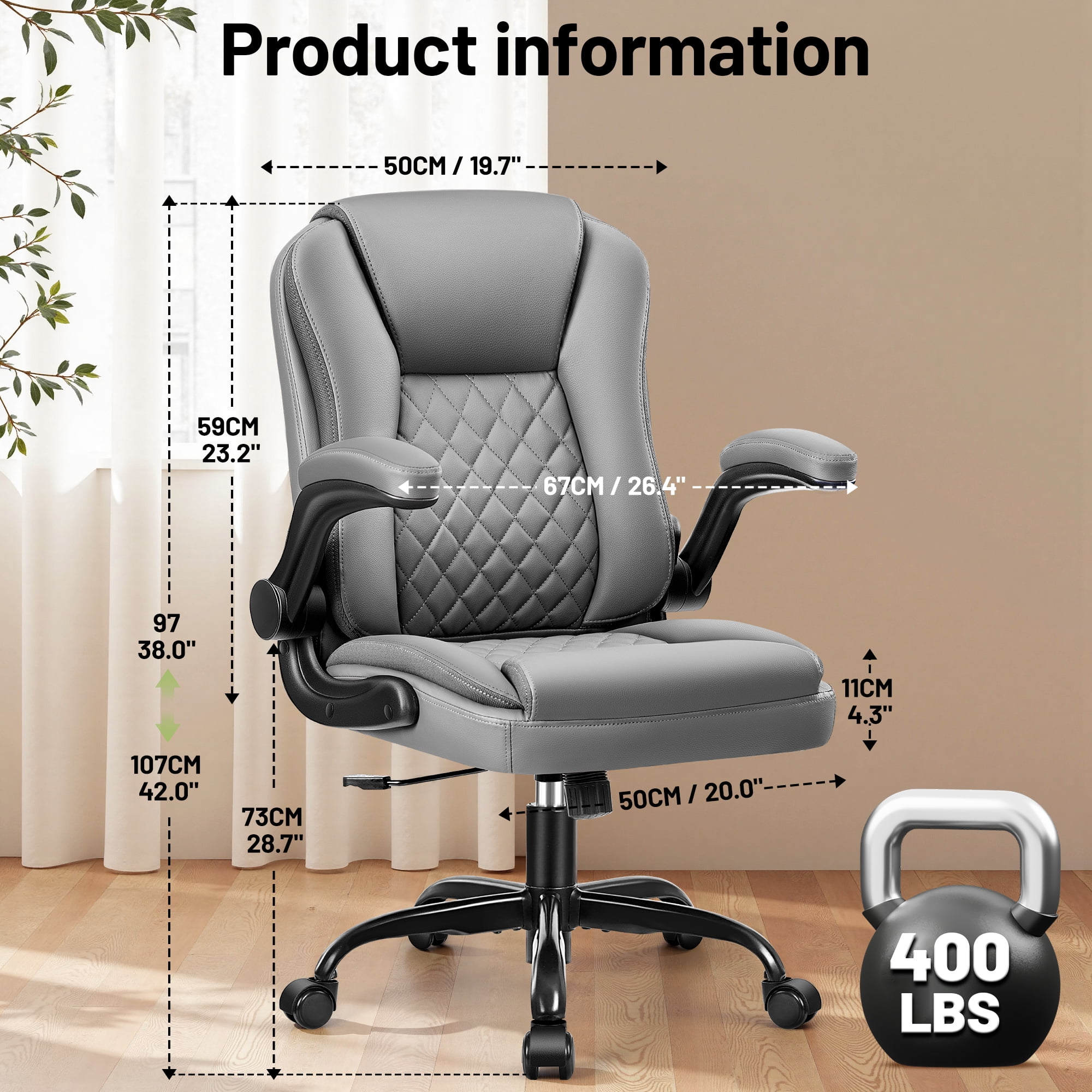 ATHOPE Leather Office Chair, 400lbs Ergonomic Desk Chairs with Back Support, Computer Chair with Wheels and Adjustable Armrest for Home Office, 360°Swivel Free, Gray
