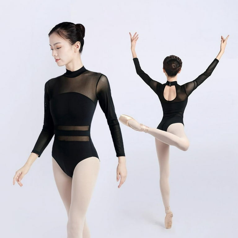 Girls Women Dance Leotards One Mesh Long Sleeve Ballet Clothes with Open  Back 