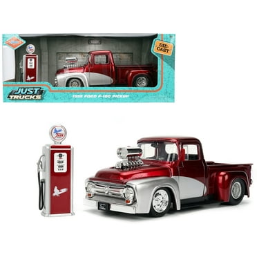 1956 Ford F-100 Truck Red Metallic with Silver Accents & Jada Gas Pump "Just Trucks" Series 1/24 Diecast Model car by Jada