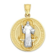 10k Gold Dainty Saint Benedict Double Sided Medallion Pendant, Solid Gold San Benito Medal for Necklace