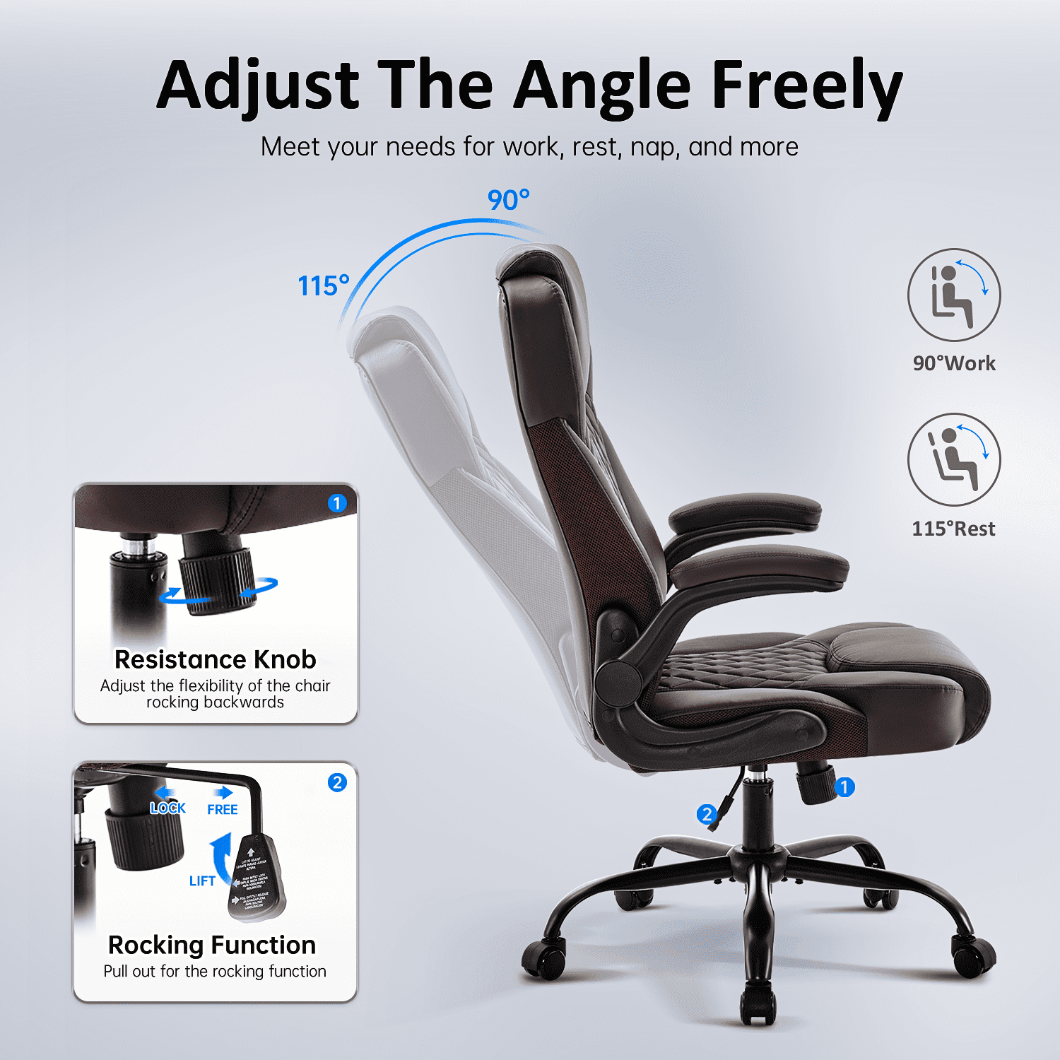 TMV 10-Position Adjustable Office Chair, Reclining Work Chair with Lumbar Support，Brown