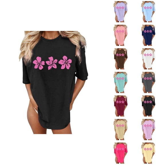 Tropical Flower Graphic Tees for Women 2026 Summer Casual Short Sleeve Crewneck Oversized Beach Vacation T Shirts