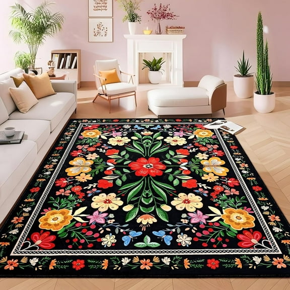 Bleum Cade 5'x7' Area Rugs for Living Room, Boho Floral Rug Ultra Soft Washable Rugs for Bedroom, Anti Slip Durable Carpet Home Decor for Dining Room,Black