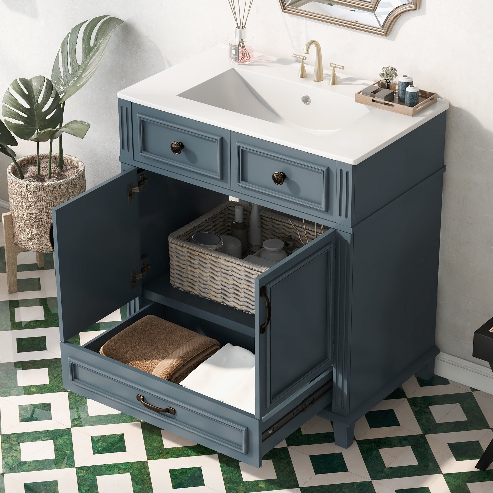 30 Inch Retro Bathroom Vanity with Ceramic Sink Solid Wood Storage Cabinet Soft Closing Doors Blue