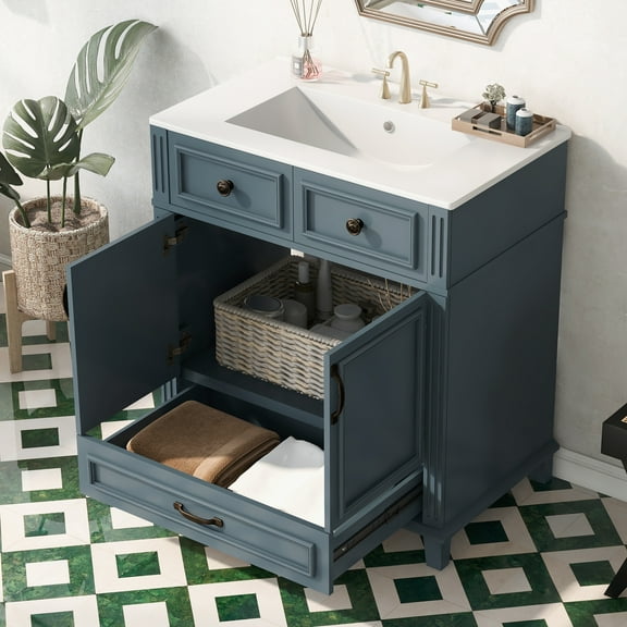 30'' Bathroom Vanity with Ceramic Sink,Solid Wood Frame Bathroom Storage Cabinet with Soft Closing Doors,Retro Style, Blue