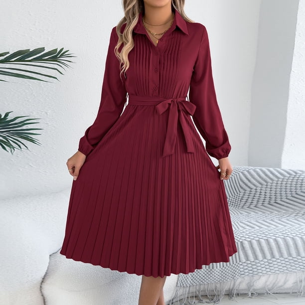 TaTaai Women‘s Casual Collared Dress, Long Sleeve Shirt Dress Maxi Length, Solid Color Button Down Tunic Dress, Fall Winter Office Wear Gift