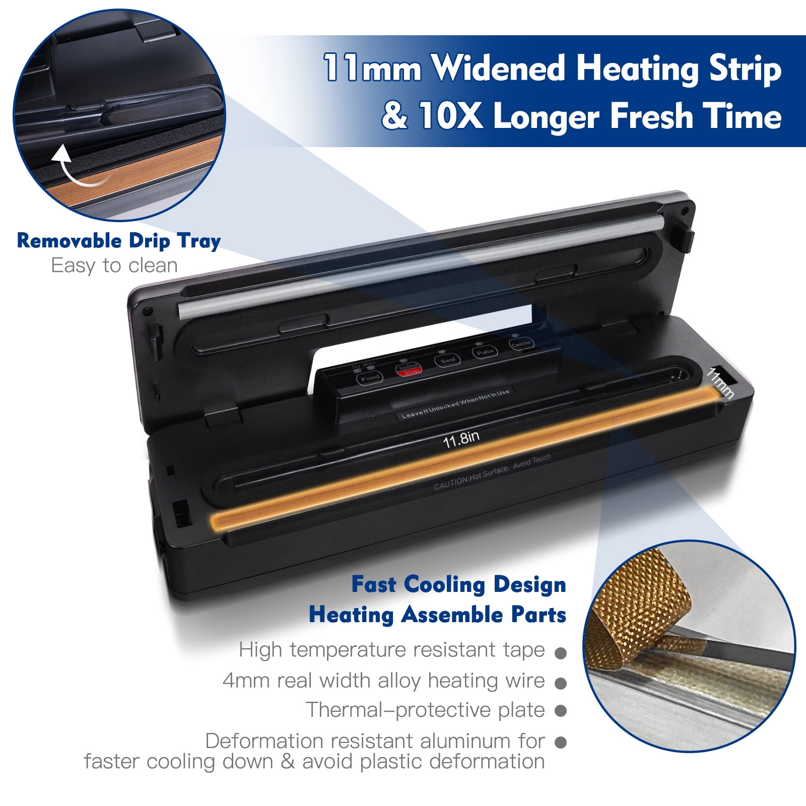 NOKINS 8-in-1 Food Vacuum Sealer Machine, Black, with Stainless Steel Surface and Detachable Drip Tray