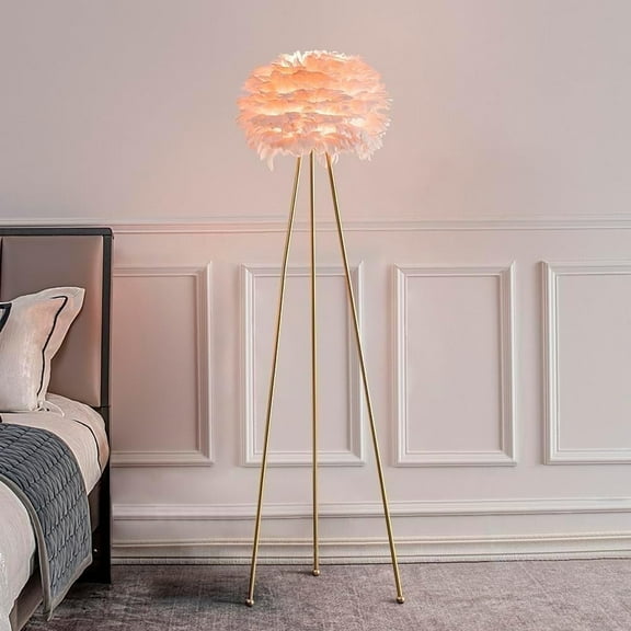 Maxax 60" Feather Floor Lamp, Tripod Floor Lamp with Pink Feather Shade, Standing Light for Bedrooms/Dining Room/Living Room/Kitchen,Gold Classic