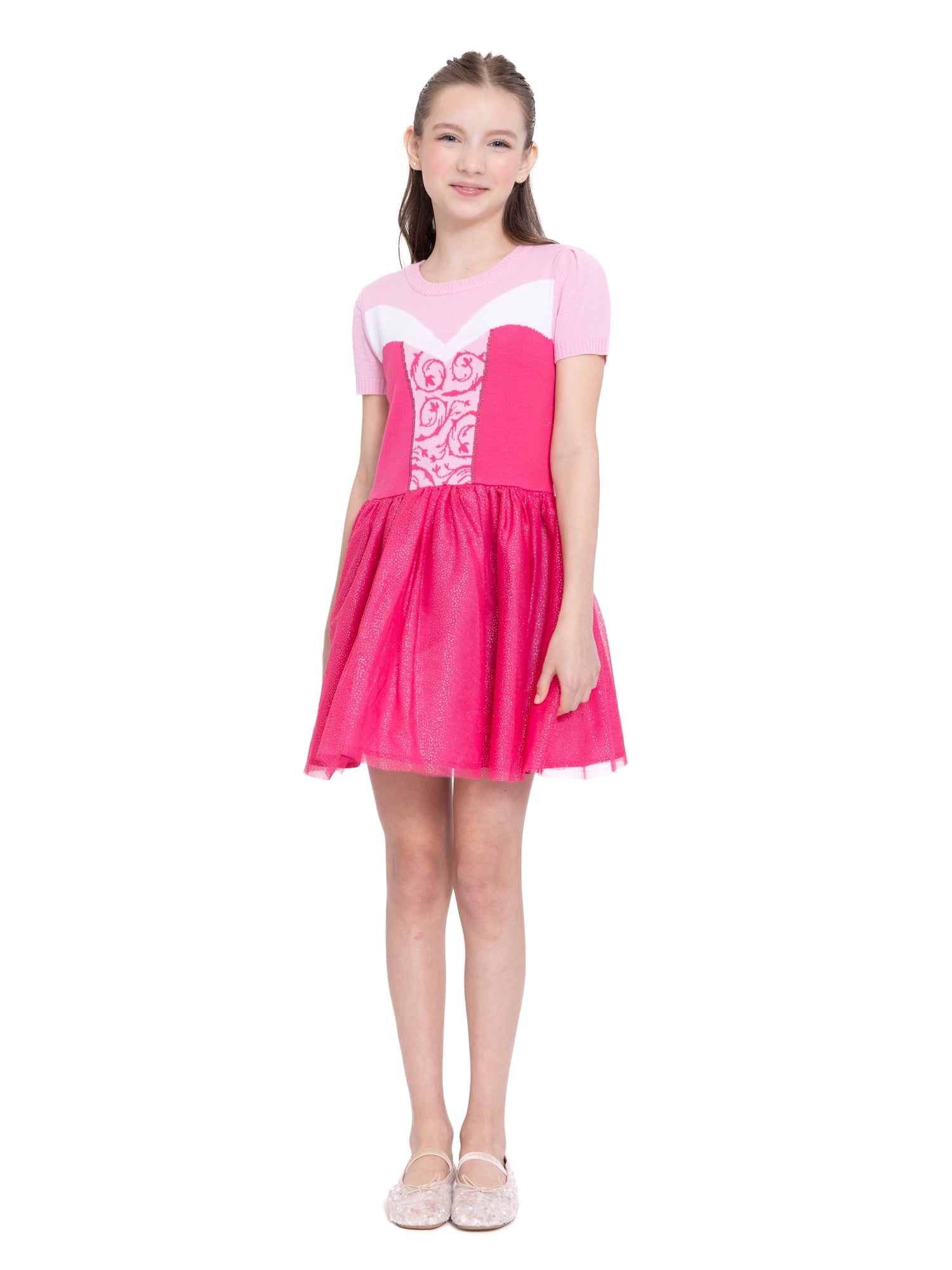 Girls Disney Princess Sleeping Beauty Aurora Cosplay Short Sleeve Sweater Dress, Sizes 4-12
