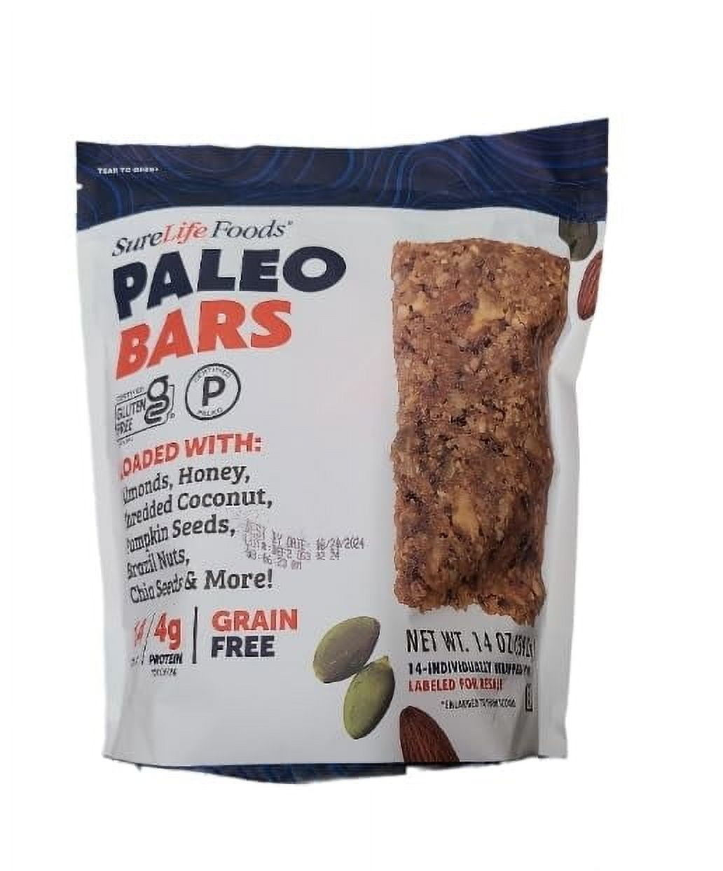 Sure Life Foods Paleo Bars Grain Free Gluten Free Paleo Certified 2 pack (14 per pack) individually wrapped  Zero Cholesterol Meal Replacement Bar 2 Pack 14 Pack