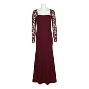 Adrianna Papell Square Neck Embellished Trumpet Long Sleeve Cutout Back Zipper Back Mesh Dress-DARK BURGANDY