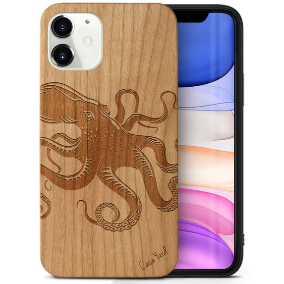 Case Yard Wooden Case Outside Soft TPU Silicone, Slim Fit Shockproof Wood Protective Phone Cover for Girls Boys Men and Women, Supports Wireless Charging Octopus Design case for iPhone-11