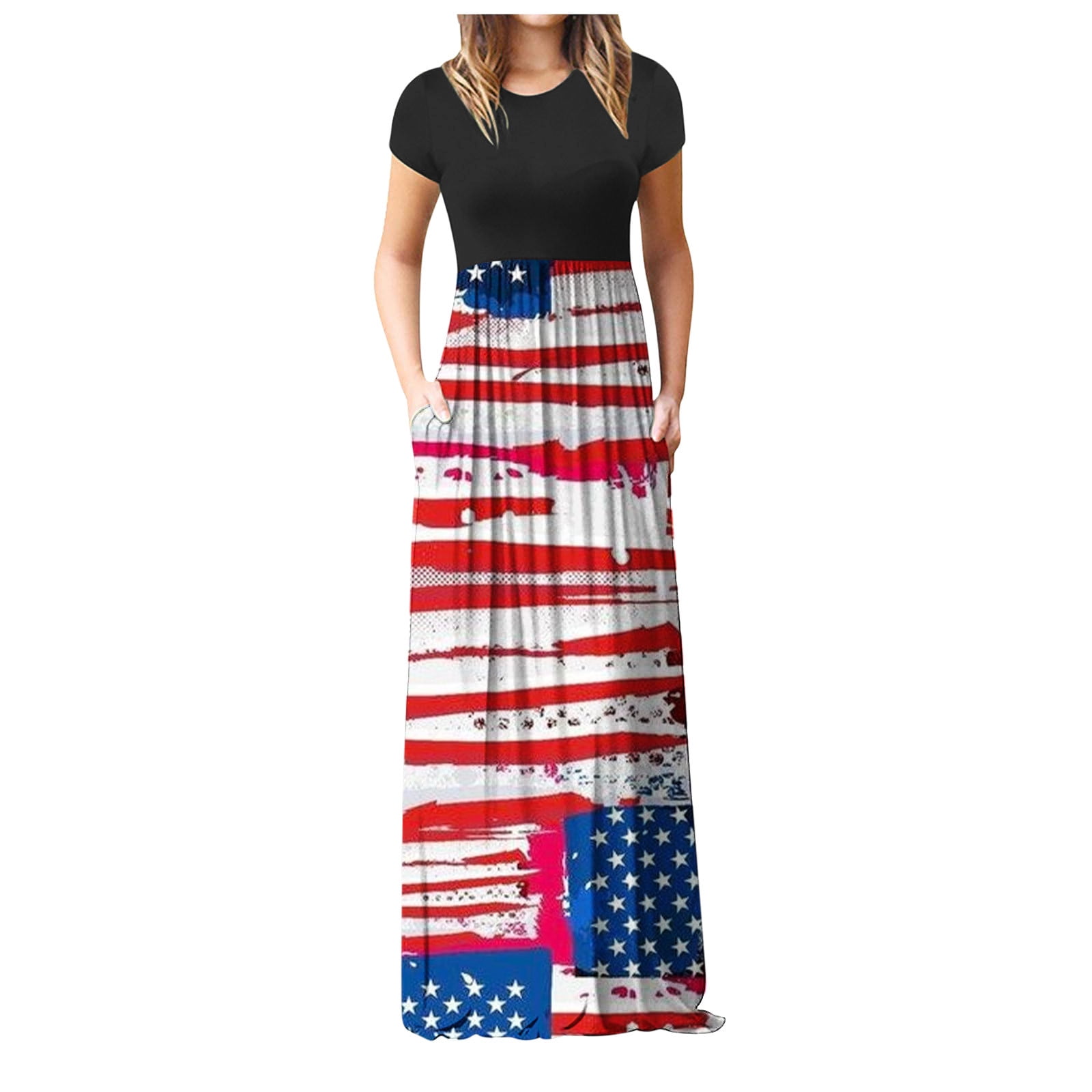 Fanxing 4th of July Dress for Women with Pockets Summer Short Sleeve