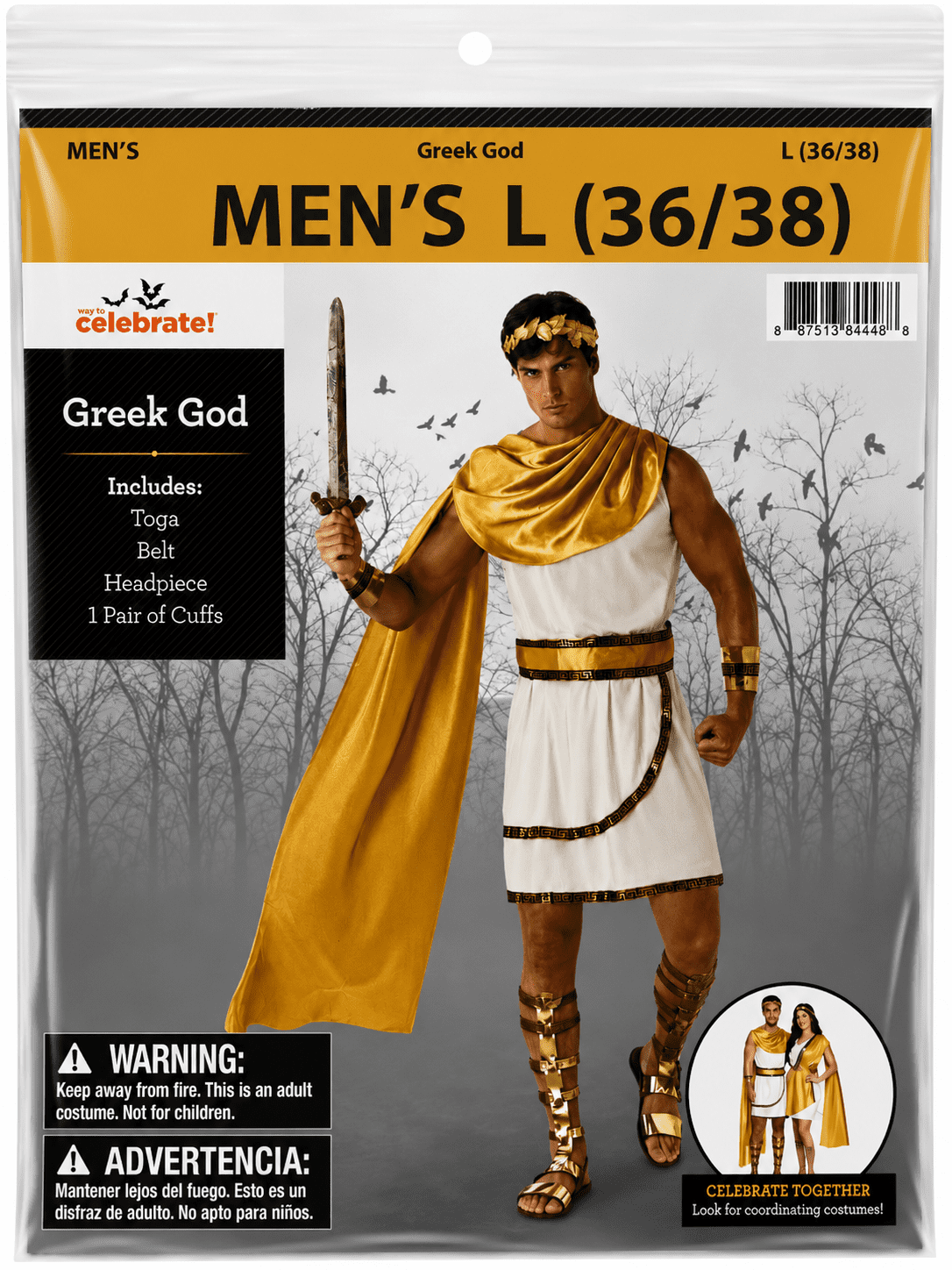 Greek God Halloween Costume for Adults, Men's Size L (36/38), by Way to Celebrate