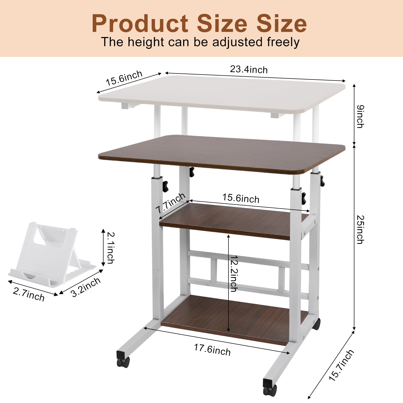 32 Inch Rolling Desk Rustic Adjustable Height Small Standing Desk on Wheels with Storage Shelves Portable Computer Desk Drafting Table for Home Office Small Spaces