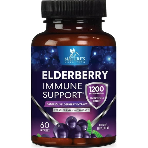 Elderberry Capsules 1200mg - Sambucus Immune Support for Adults with Concentrated Sambucus Black Elderberry Extract - Antioxidant Vitamin Vegan Supplement, Gluten Free, Bottled in USA - 60 Capsules