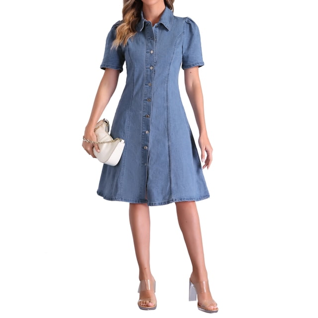 Vestido de mezclilla para mujer edición INSPIRE CHIC con mangas cortas abullonadas, cuello de solapa, botones y largo midi en azul claro