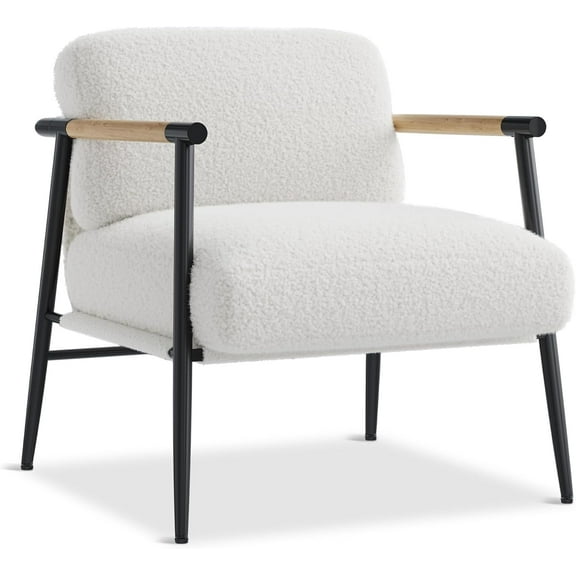 Modern Accent Chair with Plush Sherpa Fabric and Spring Foam Cushion - Metal Frame Reading Chair, White