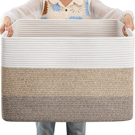 75L Large Blanket Basket(22"x17"),Large Blanket Basket for Organizing, Dog Toy Bin,baby laundry basket,Cotton Rope Blanket Basket for Living Room, Laundry, Nursery, Pillows (White and Brown)